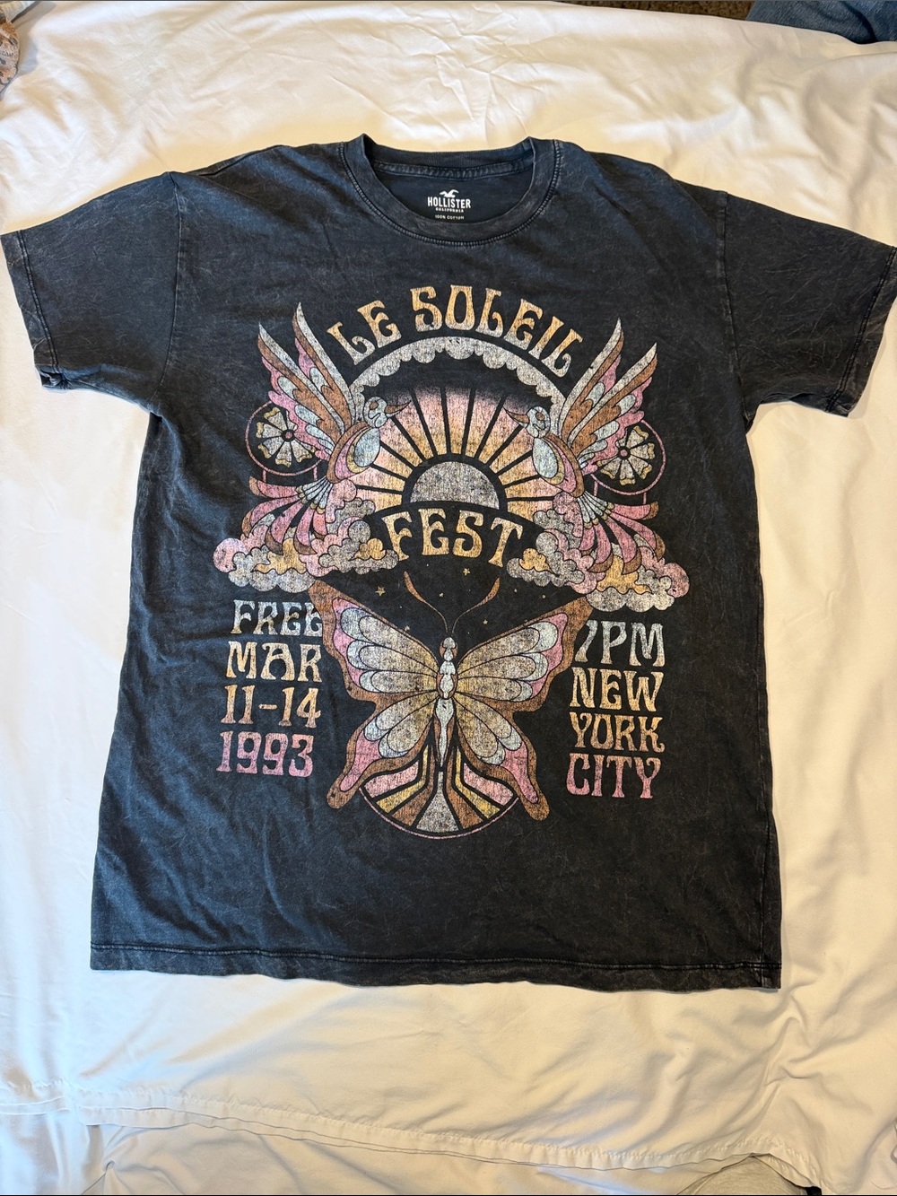 Hollister Black Graphic Tee with Pastel Butterfly & Sun Motif